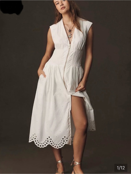 Anthropologie Dresses & Skirts - Anthropologie Maeve The Tommie Cap-Sleeve Smocked Front-Zip Shirt Dress Eyelet M